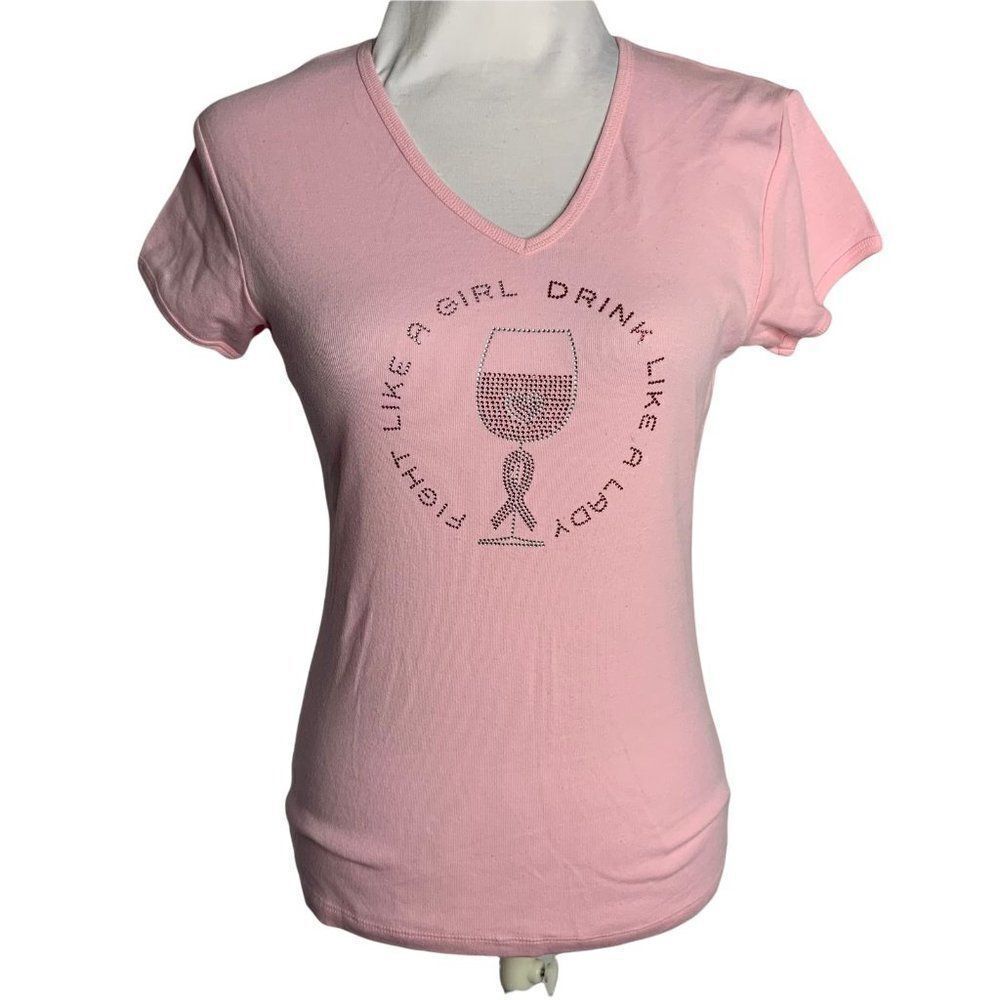 Breast Cancer Fight V Neck T Shirt S Pink Short Sleeve Stretch Knit Rhinestones